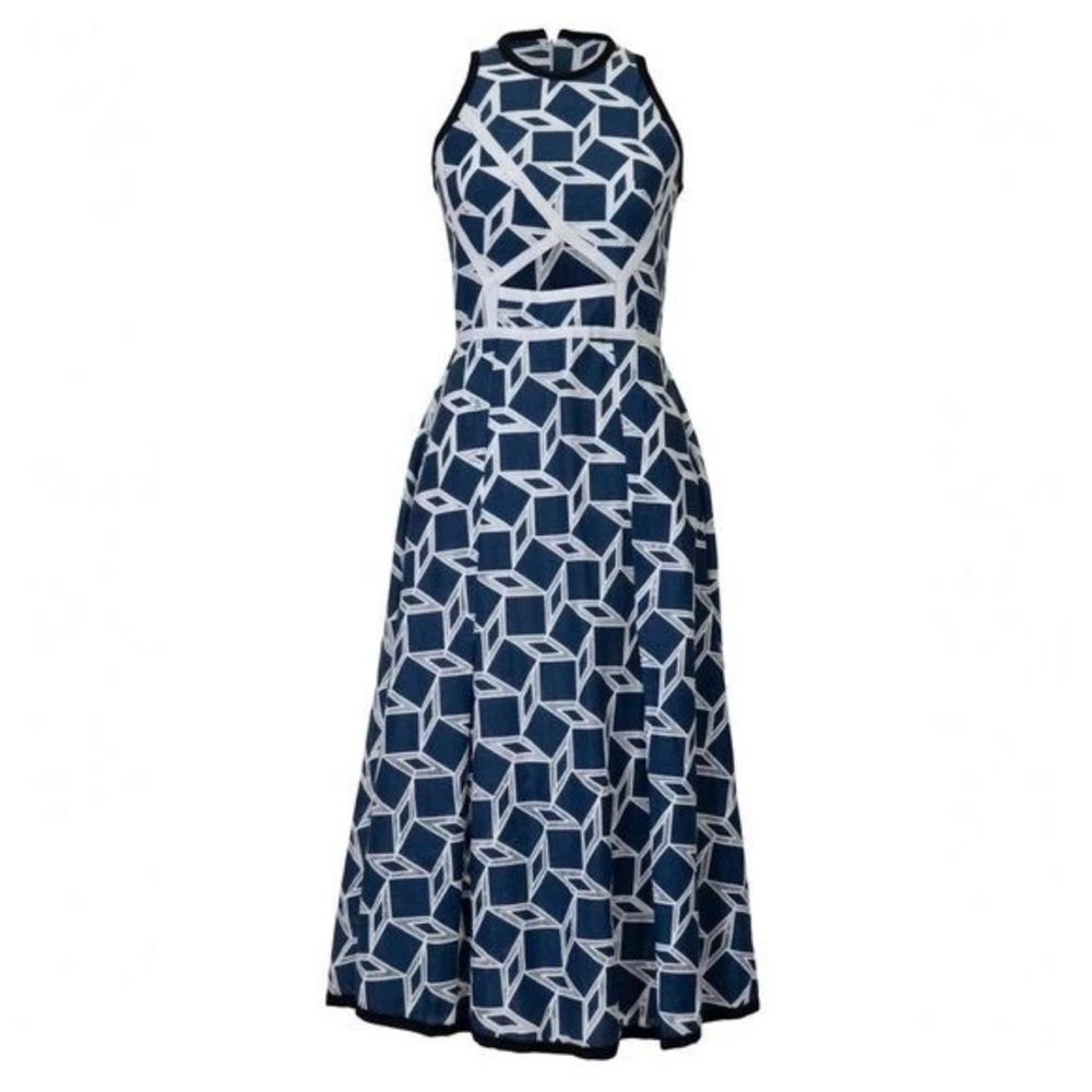 NWT Jonathan Simkhai Women Sleeveless‎ Geometric Cutout Midi Dress -Navy Blue 4